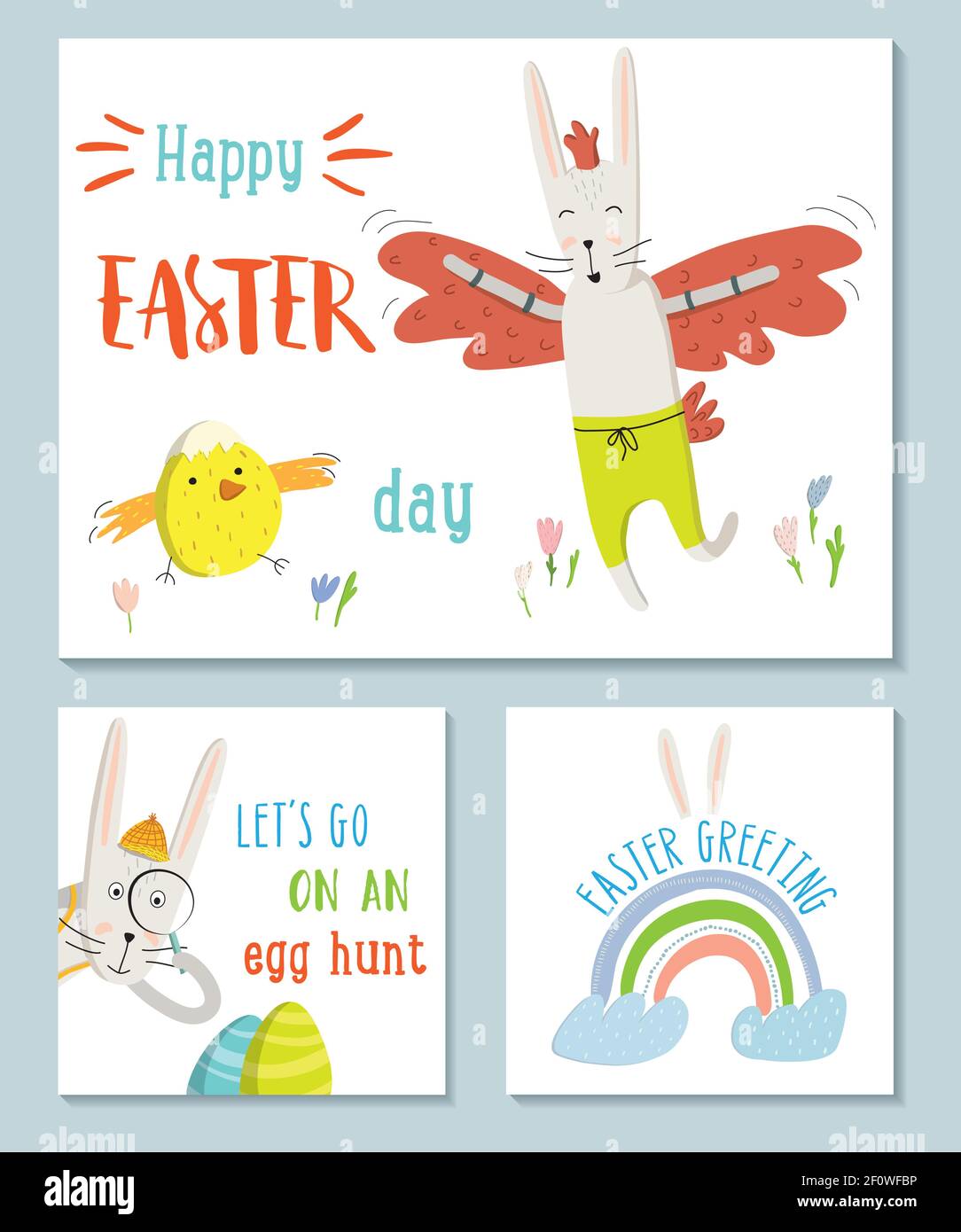 Frühlings-Illustrationen-Set. Osterkarten.Eiersuche, Regenbogen, Hase in einem Hühneranzug. Niedliche und moderne Vektor-Illustration. Ideal für Social-Media-Begrütin Stock Vektor
