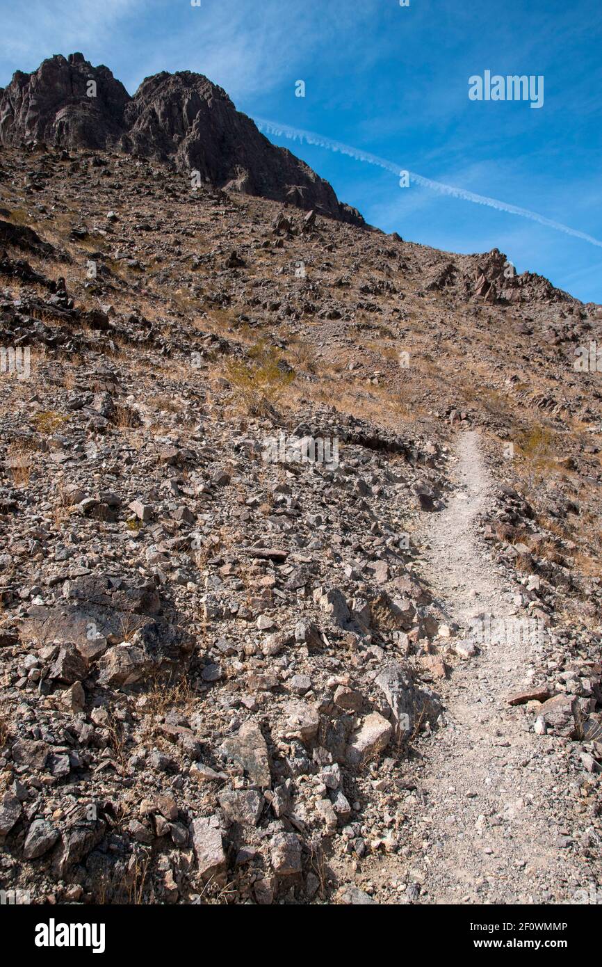 Es gibt einen Wanderweg neben der Rennstrecke im Death Valley National Park. Sie führt zum Gipfel des Ubehebes. Stockfoto