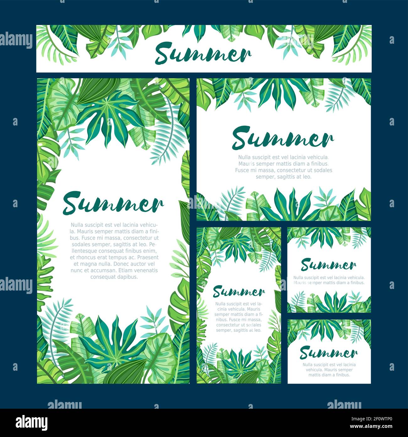 Set von sechs verschiedenen Web-Design-Formate mit tropischen Sommer-Design. Geeignet für Naturkonzept, Urlaub und Sommerferien. Bearbeitbarer Vektor-Illus Stock Vektor