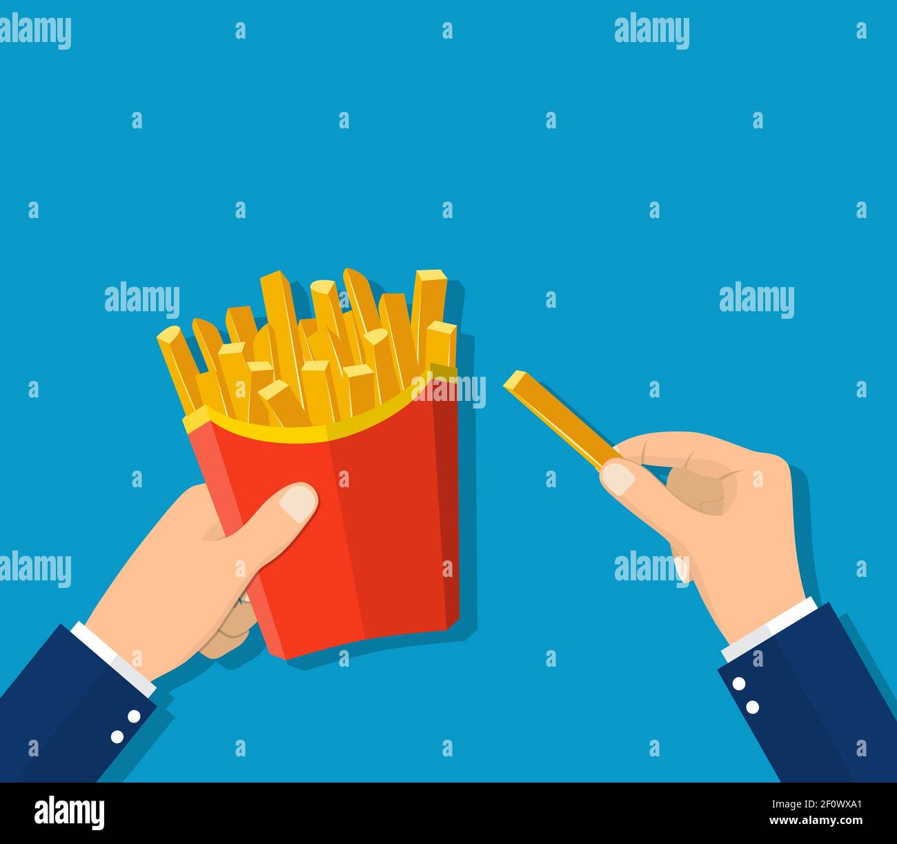 Pommes Frites in Männerhänden. Stock Vektor