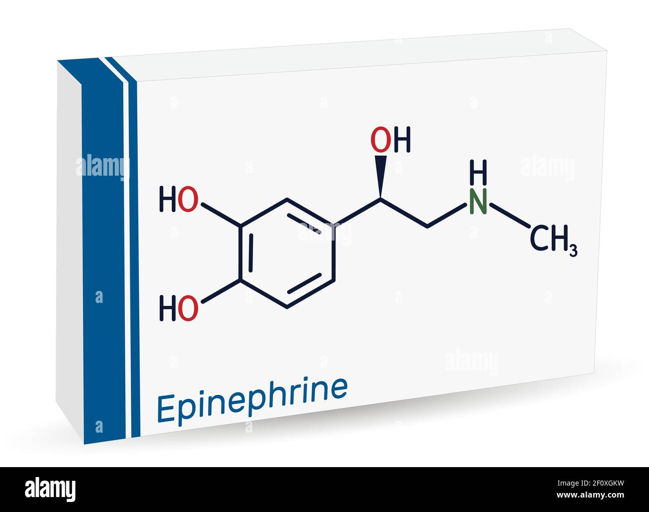 Adrenalin, Adrenalin-Molekül. Es ist Hormon, Neurotransmitter, Medikamente. Aufgrund seiner verschiedenen wichtigen Funktionen als Medikament verwendet. Papierverpackung f Stock Vektor