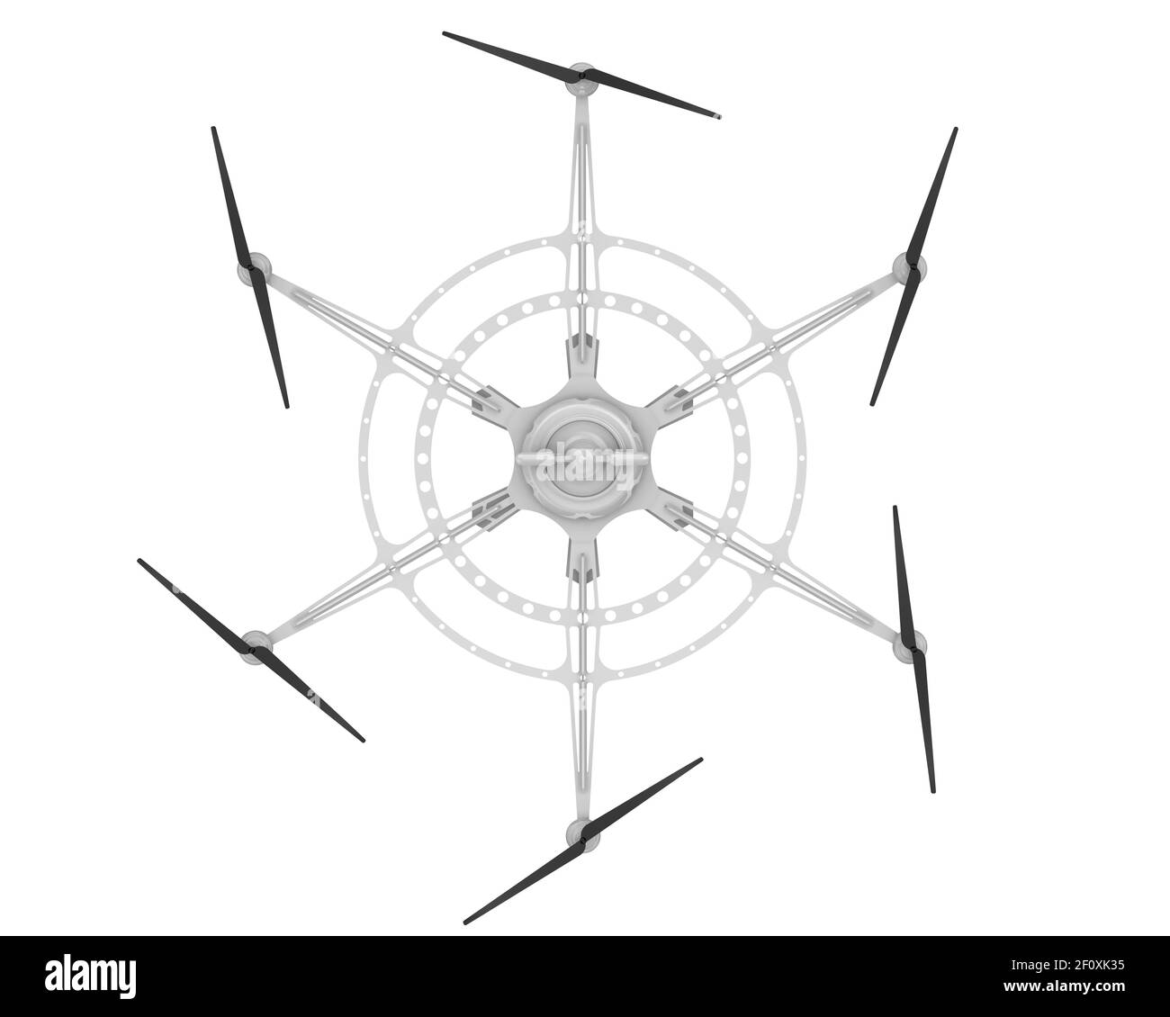 Hexacopter für die Frachtlieferung. Unbemanntes Luftfahrzeug mit sechs Propellern zur Ladungslieferung. 3D Abbildung Stockfoto