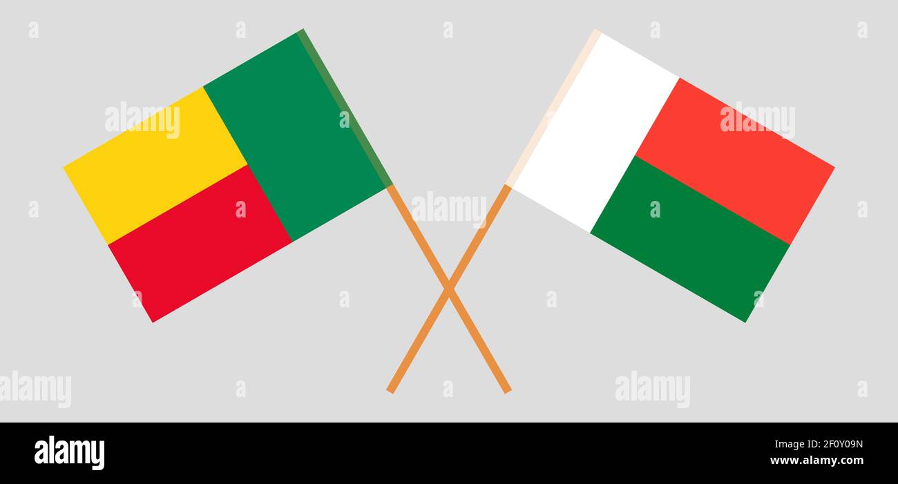 Gekreuzte Flaggen von Benin und Madagaskar. Offizielle Farben. Korrektes Verhältnis. Vektorgrafik Stock Vektor