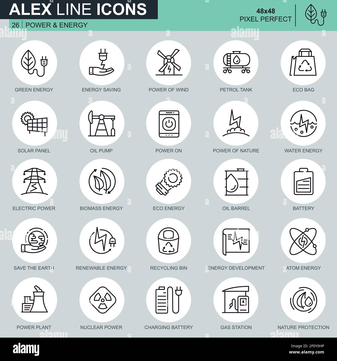 Thin-Line-Power-Industrie-Symbole für Websites und mobile Websites und Apps. Enthält Symbole wie Solarpanel, Eco Energy, Kraftwerk. 48 x 48 Pixel Perf Stock Vektor