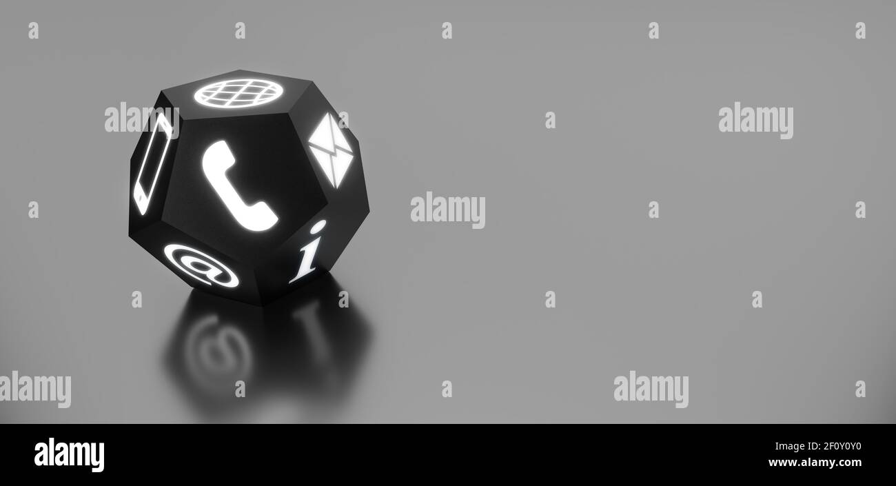 Schwarze Dodekaeder Würfel mit glühenden Telefon Internet und Kommunikation Unterstützung Symbole 3D Rendern Stockfoto