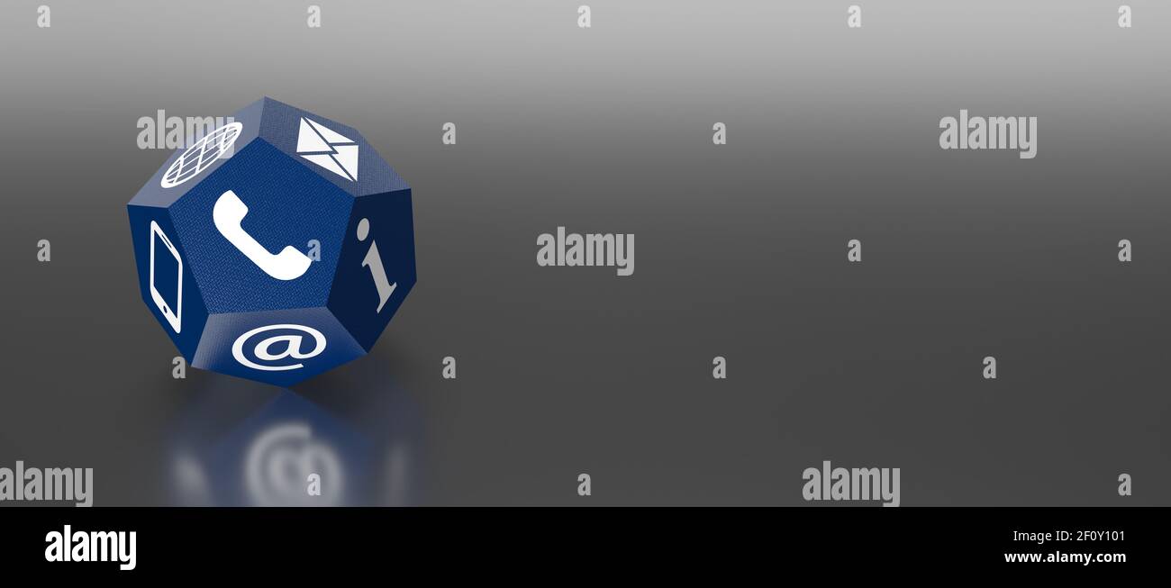 Blaue Dodekaeder Würfel mit Telefon Internet und Kommunikation Unterstützung Symbole 3D Rendern Stockfoto