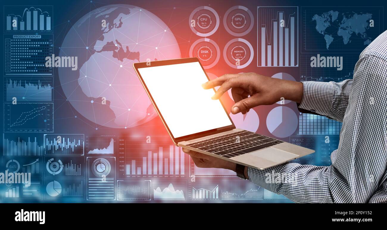 Analyse der Daten für Business und Finanzen Konzept. Grafische Benutzeroberfläche zeigt Zukunft Computer Technologie der Gewinn analytische, online Marketing Forschung und Stockfoto