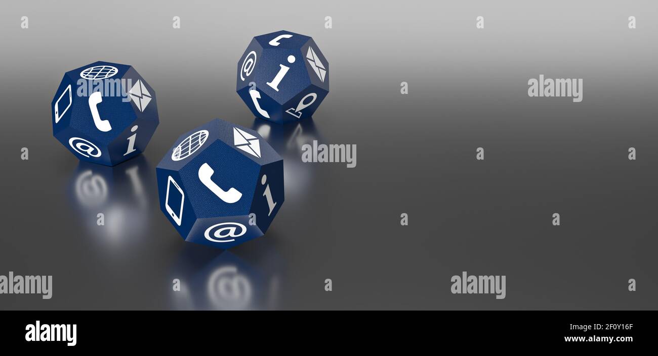 Drei blaue Dodekaeder Würfel mit Telefon Internet und Kommunikation Unterstützung Symbole 3D Rendern Stockfoto