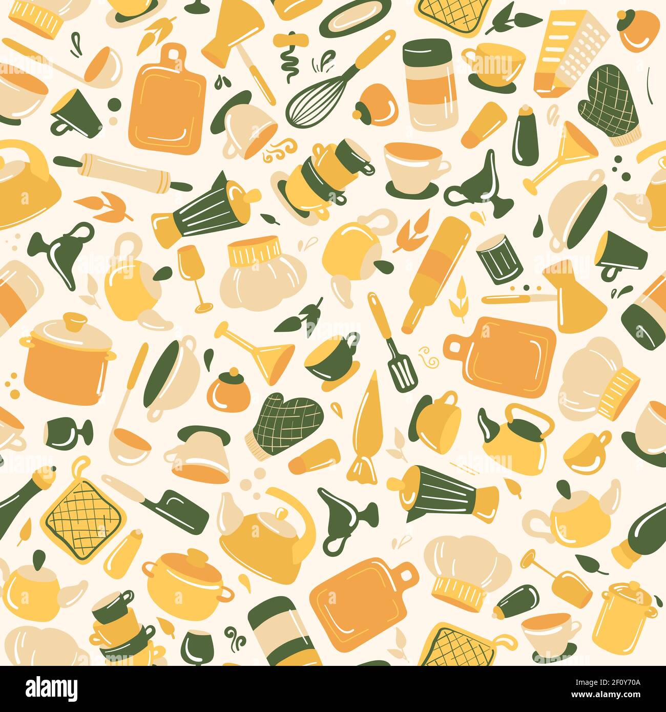 Nahtloses Muster von Küchengeschirr Retro-Stil in gelb und grün Farben. Vektorstruktur. Stilvolle Designelemente: Löffel, Schüssel, Mixer, Flasche Stock Vektor
