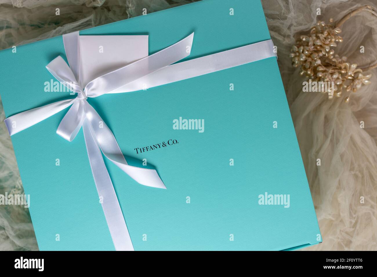 Flourtown, PA - 22. Februar 2021: Tiffany Geschenkbox mit weißem Satinband und Geschenkkarte auf einem Hintergrund von weichen Fokus verblasst antiken Hochzeitsschleier mit pe Stockfoto