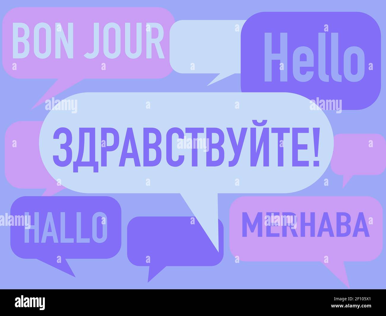 Russisch Sprachkurse Konzept Illustration. Übersetzung von links nach rechts: Wort 'Hello' in französischer, deutscher, russischer, türkischer und englischer Sprache. Stock Vektor