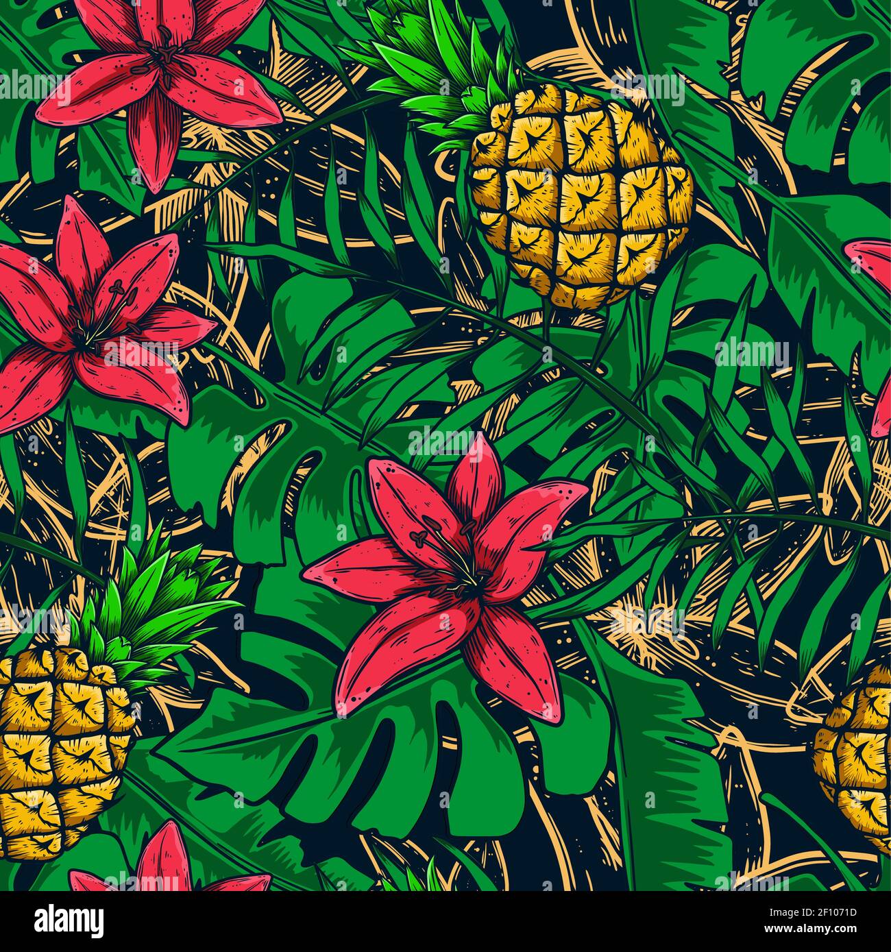 Nahtloses Muster mit tropischen Blättern, Früchten, Blumen. Gestaltungselement für Poster, Karte, Banner, Flyer, Kleiderdekoration. Vektorgrafik Stock Vektor