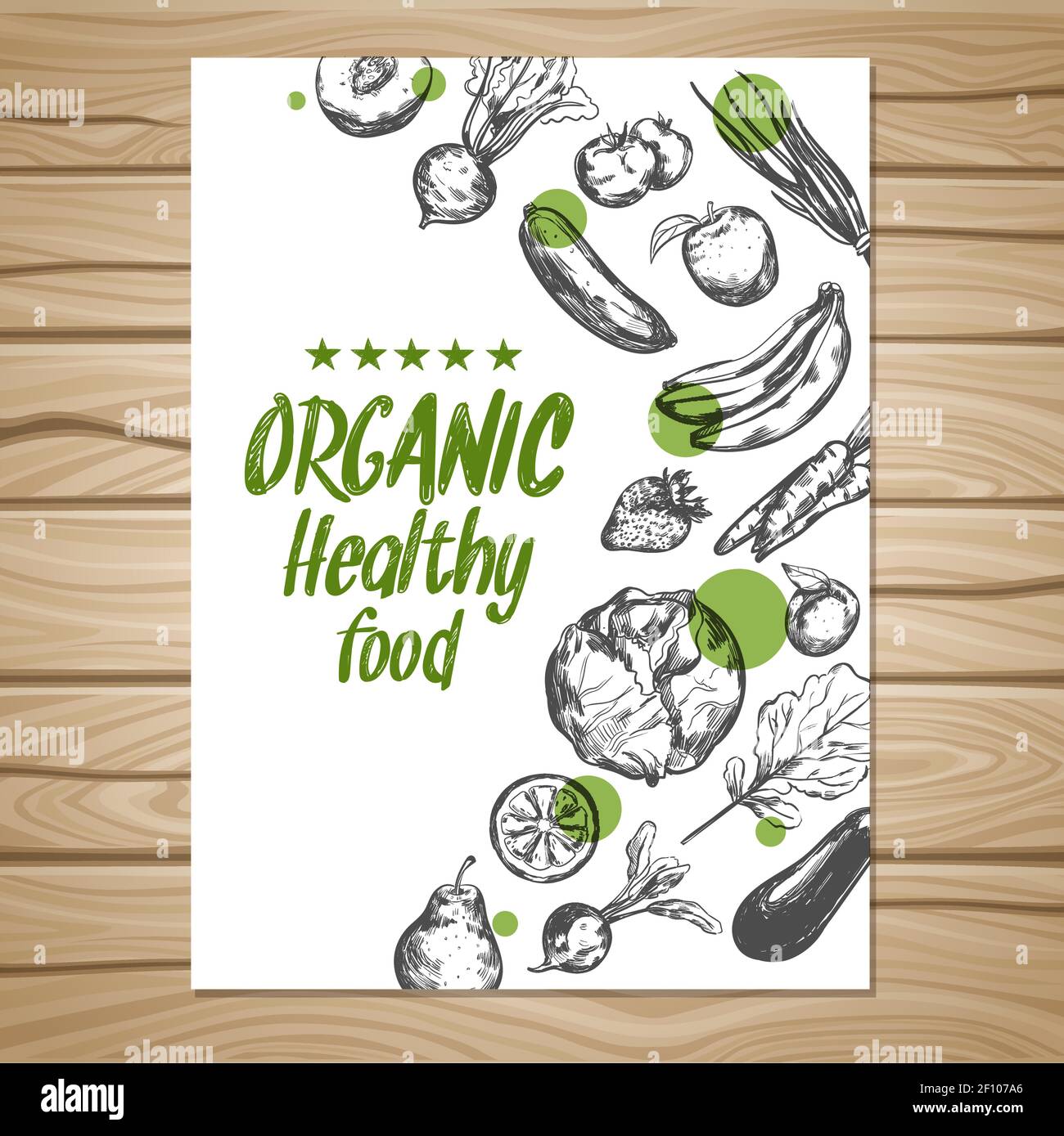 Handgezeichnetes Poster für gesunde Lebensmittel mit grünen Punkten Gemüse und Organic gesunde Lebensmittel Überschrift Vektor-Illustration Stock Vektor