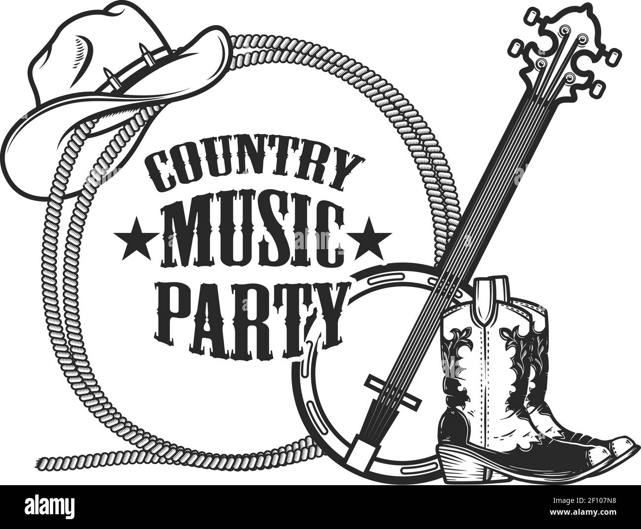 Country-Musik-Party. Rahmen aus Seil mit Cowboy Stiefeln, Hut und Banjo in Gravurstil. Gestaltungselement für Plakat, Karte, Banner, Schild. Vektorillust Stock Vektor