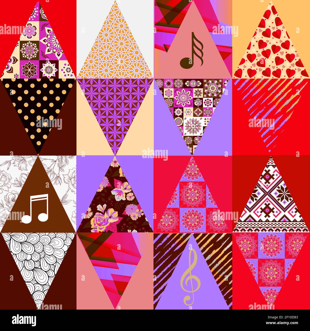 Grafisches Patchwork aus einer dreieckigen Collage mit Noten und verschiedenen Mustern. Stockfoto