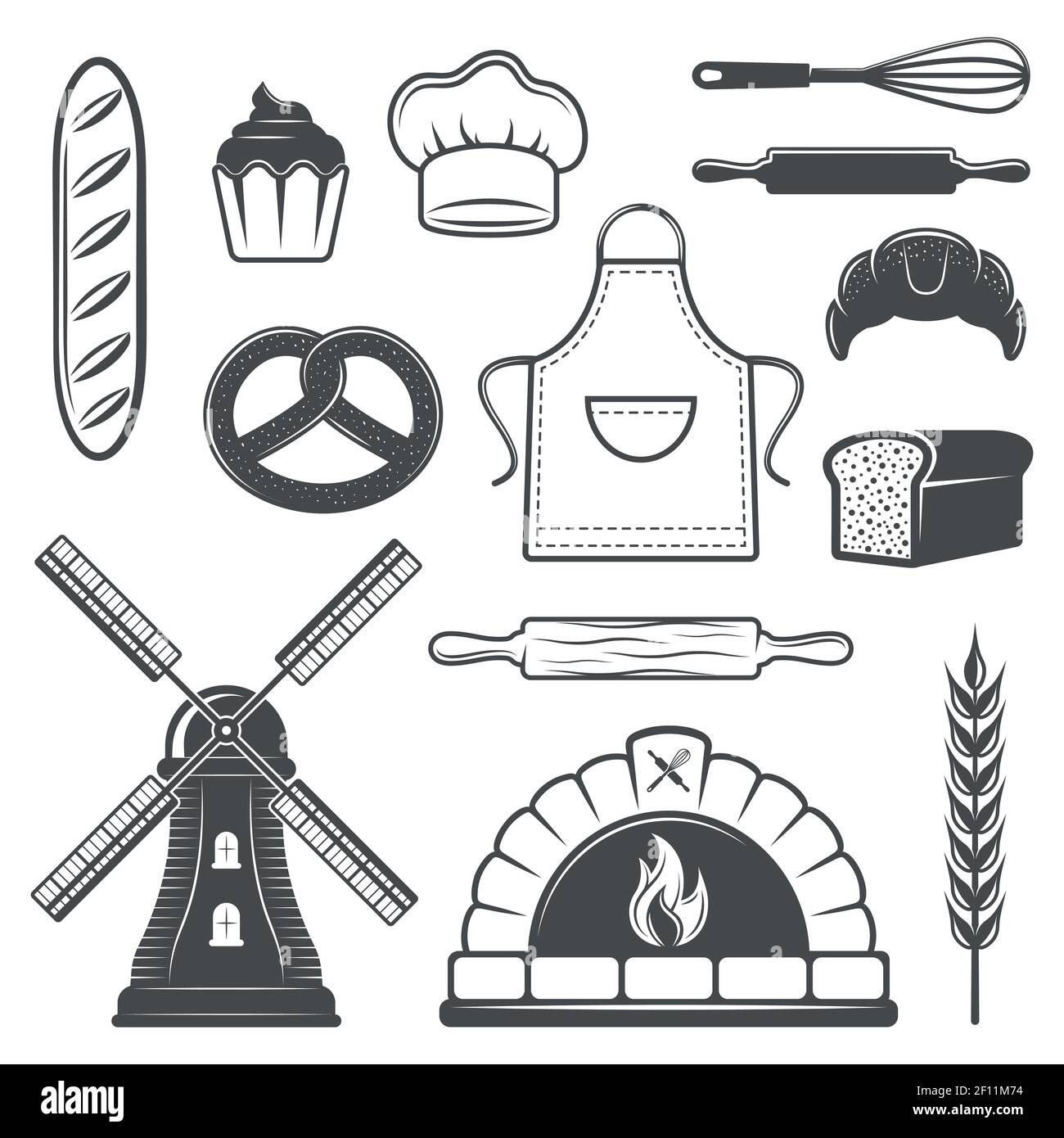 Bäckerei monochrome Elemente Set mit Brot und Gebäck Ofen kulinarisch Werkzeuge Mühle und Weizen isoliert Vektor-Illustration Stock Vektor