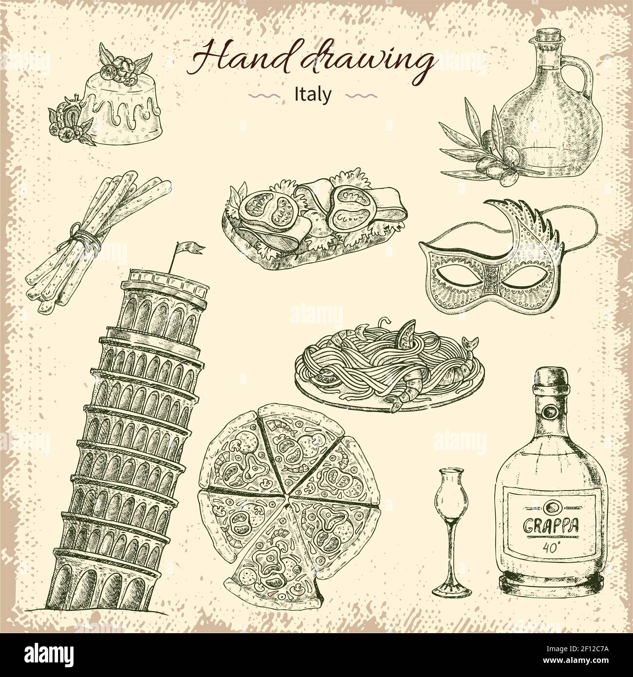 Handgezeichnete italien dekorative Elemente mit Bildern von schiefen gesetzt Turm von Piza und verschiedene Lebensmittel Vektor Illustration Stock Vektor