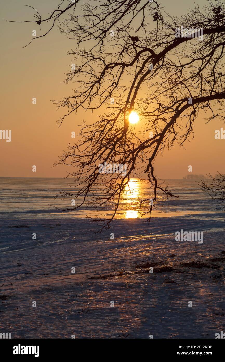 Sonnenaufgang über der Saginaw Bay, Spätwinter, Lake Huron, Michigan, USA, Von James D. Coppinger/Dembinsky Photo Assoc Stockfoto