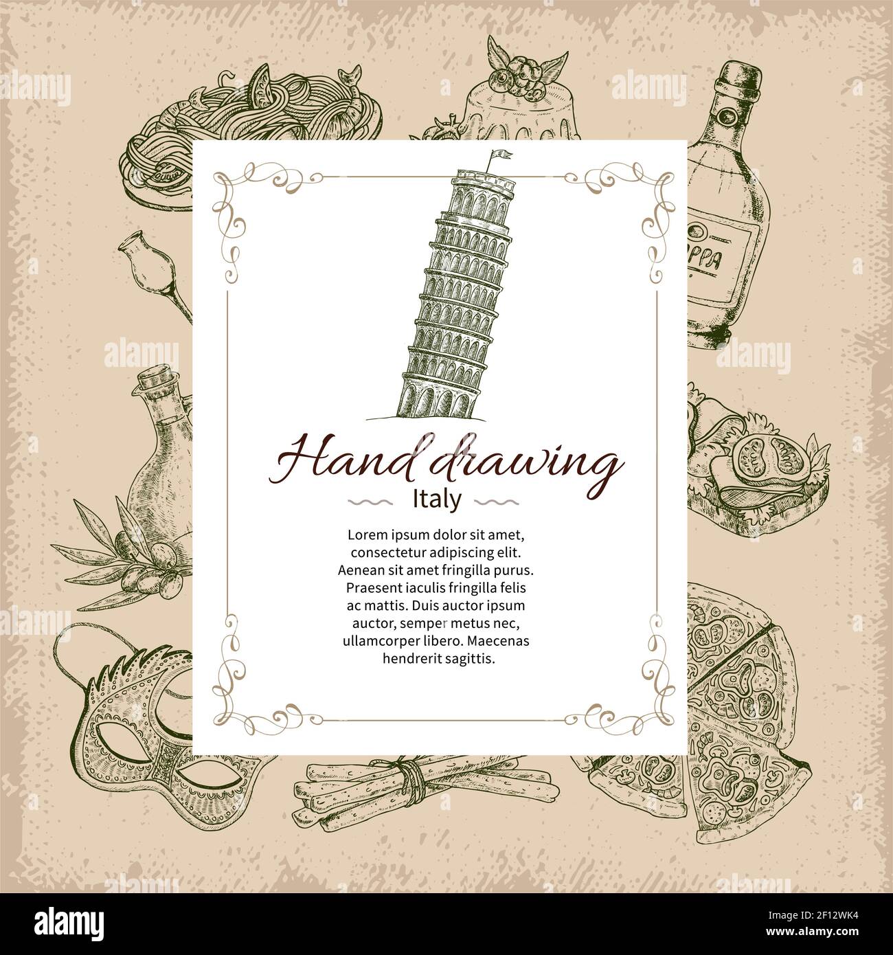 Zusammensetzung der gezeichneten italien Ikonen mit Getränken, Speisen und Rechteckige Beschriftungsschablone mit editierbarer Text-Vektorgrafik Stock Vektor