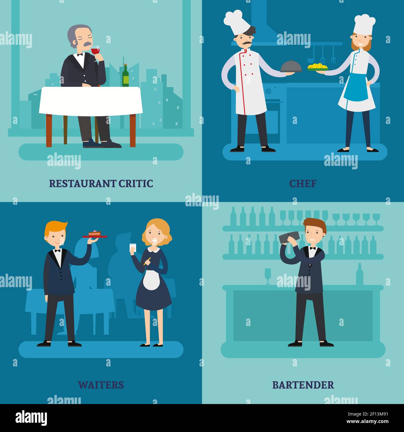 Menschen im Restaurant Platz Konzept mit Arbeitern und Mann Verkostung Wein im flachen Stil Vektor-Illustration Stock Vektor