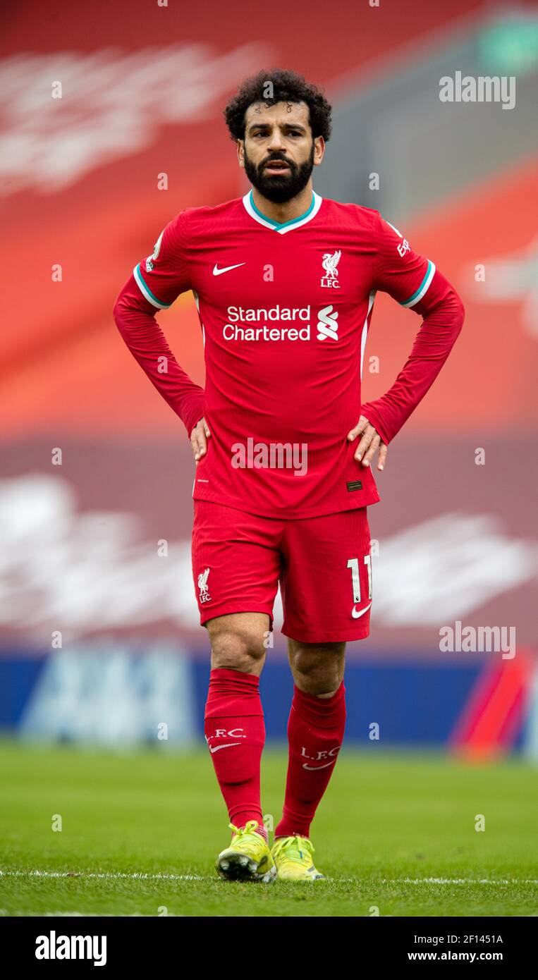 Liverpool. März 2021, 7th. Mohamed Salah aus Liverpool wirkt am 7. März 2021 beim Premier League-Fußballspiel zwischen Liverpool und Fulham in Anfield in Liverpool, Großbritannien, niedergeschlagen. Quelle: Xinhua/Alamy Live News Stockfoto