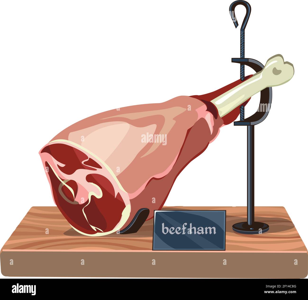 Bunte Rindfleisch Fleisch Schinken Vorlage liegt auf Holz stehen in Handgezeichnete Vektordarstellung im isolierten Stil Stock Vektor