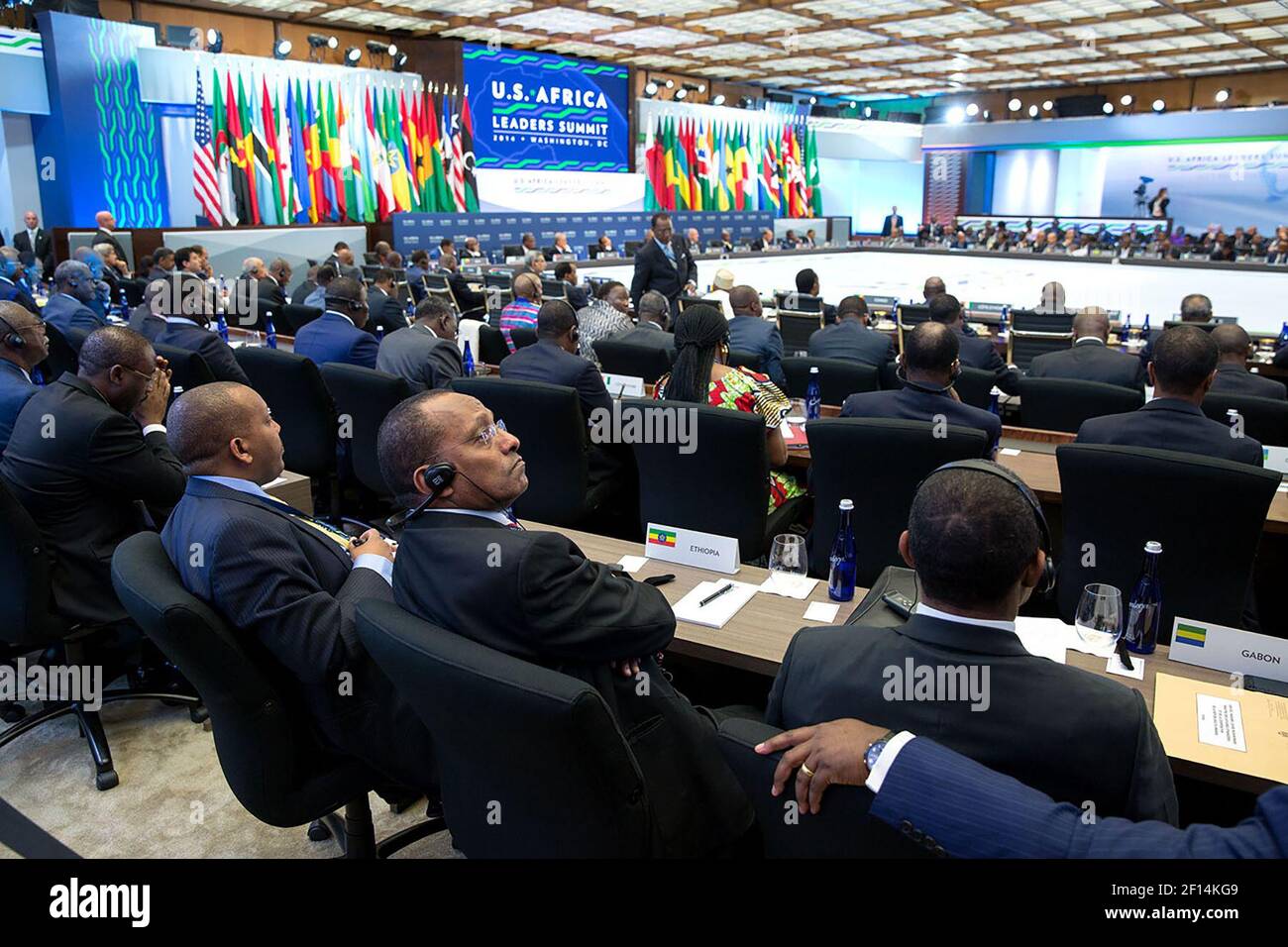 Afrikanische Führer hören zu, während Präsident Barack Obama während des USA-Afrika Leaders Summit Ca. August 6, 2014 Stockfoto