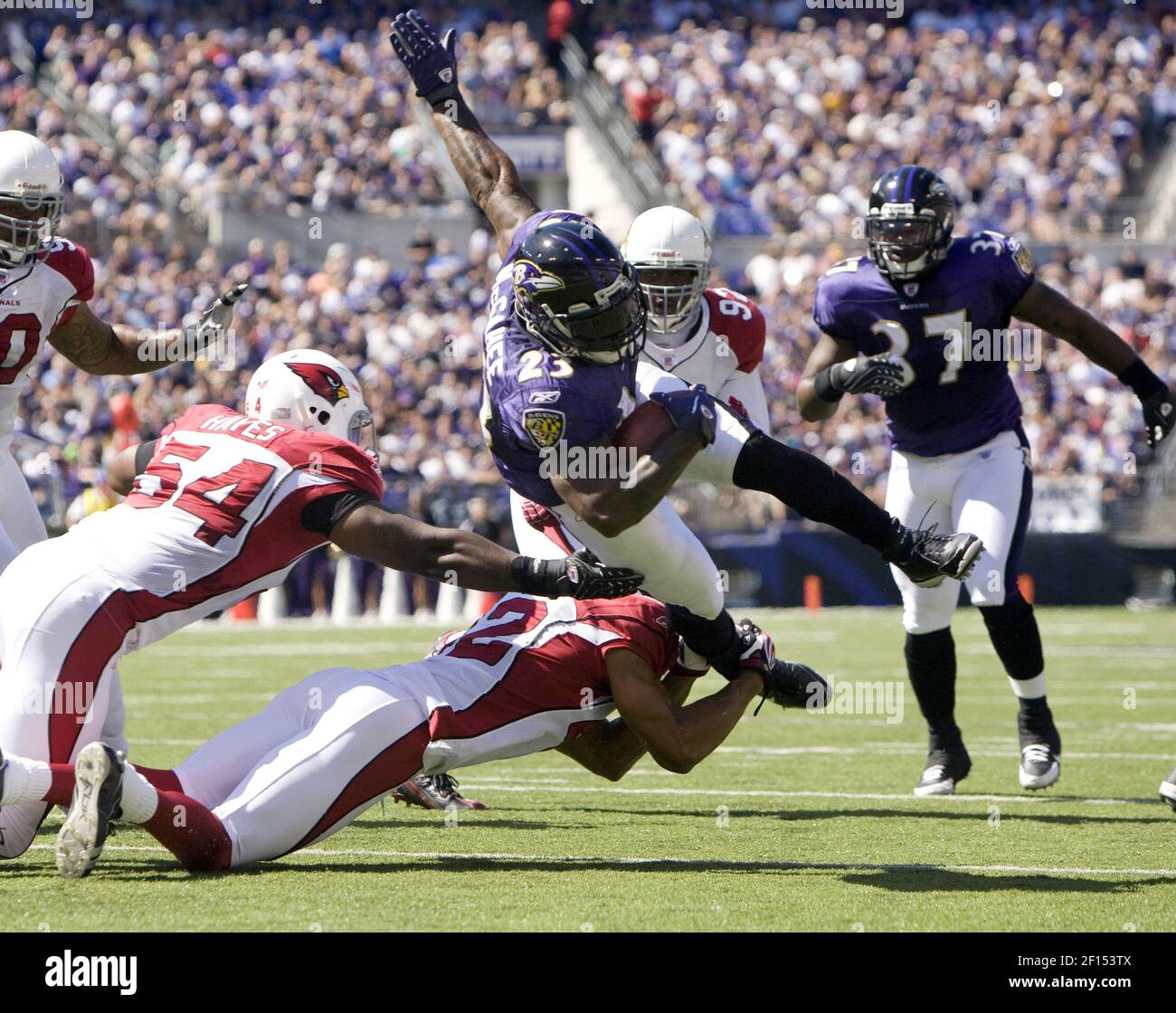 Die Baltimore Ravens' Willis McGahee (23) wird von Terrence holt (42) und Gerald Hayes (54) der Arizona Cardinals in der ersten Hälfte ihres Spiels in Baltimore, Maryland, am Sonntag, den 23. September 2007 angegangen. (Foto von George Bridges/MCT/Sipa USA) Stockfoto