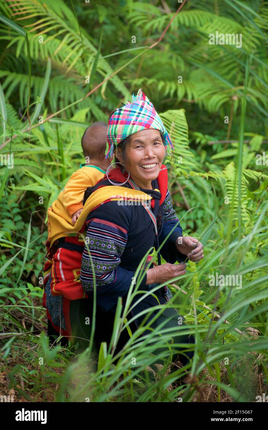 Vietnamesische Frau, die Kind auf dem Rücken trägt, Sapa, Provinz Lao Cai, Nordvietnam. Hmong Hilltribe. Stockfoto