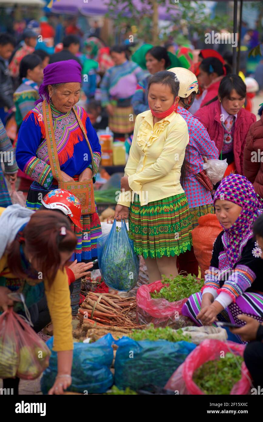 Blume Hmong Frauen in traditionellen und modernen Stil Kleidung. BAC Ha Markt, Lao Cai Provinz, Vietnam. Stockfoto