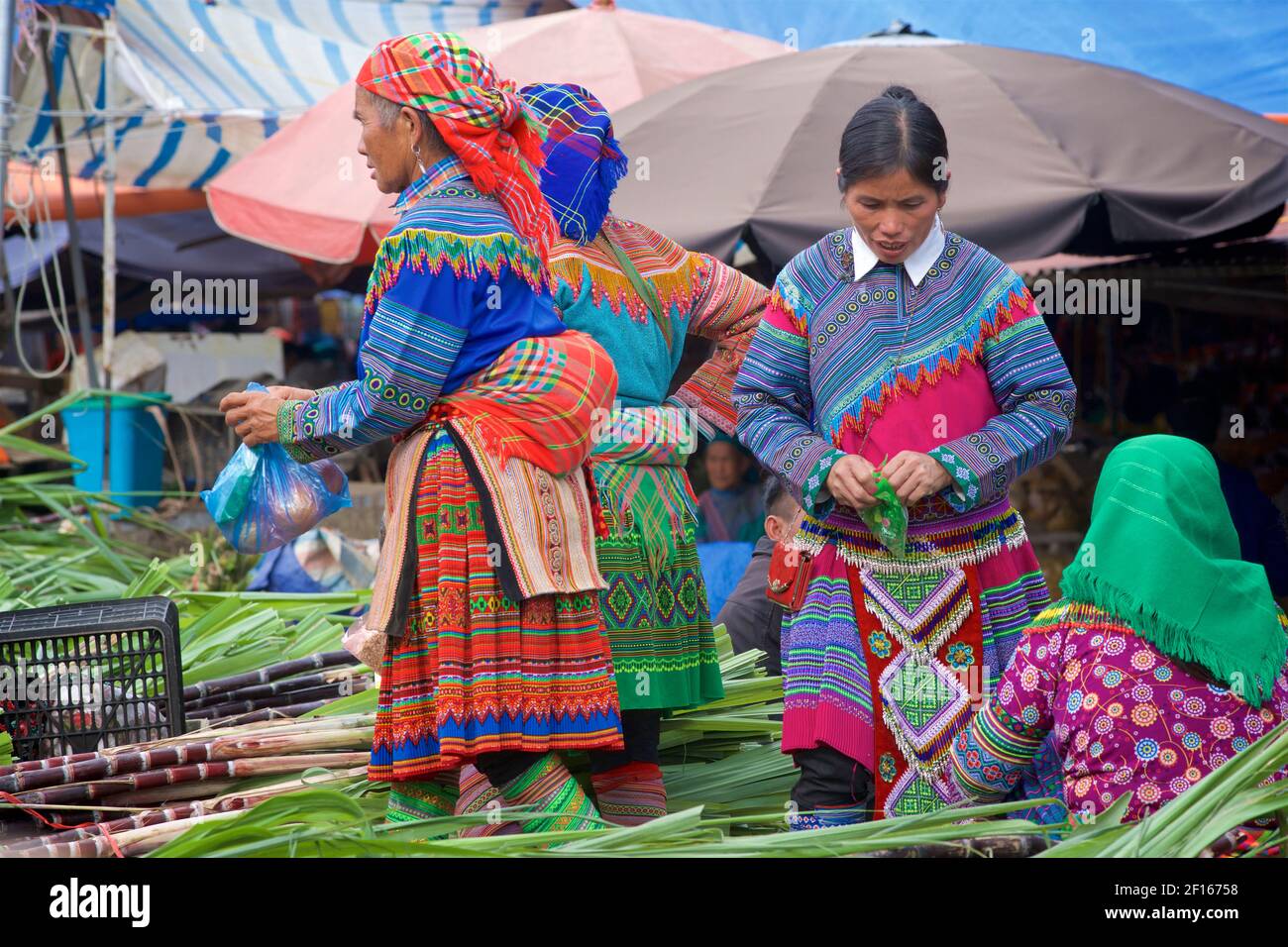 Blumen Hmong Frauen in lokalen Stil Kleidung Einkaufen auf Bac Ha Markt. Lao Cai Provinz, Nordost Vietnam Stockfoto