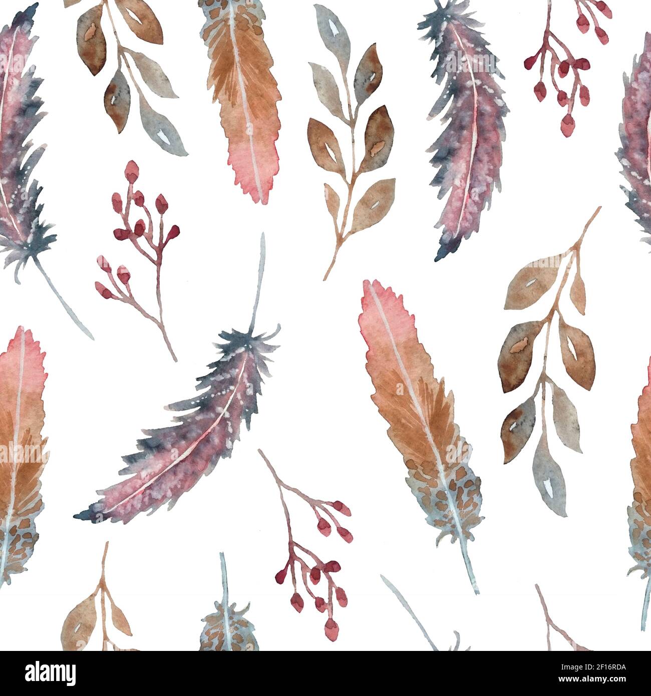Aquarell-Nahtloses Muster mit rosa und braunen Boho-Bohemian-Federn. Tribal Tribe traditionelles Design. Neutral elegante Farben für grafische Dekor Tapeten Geschenkpapier Textil Stockfoto