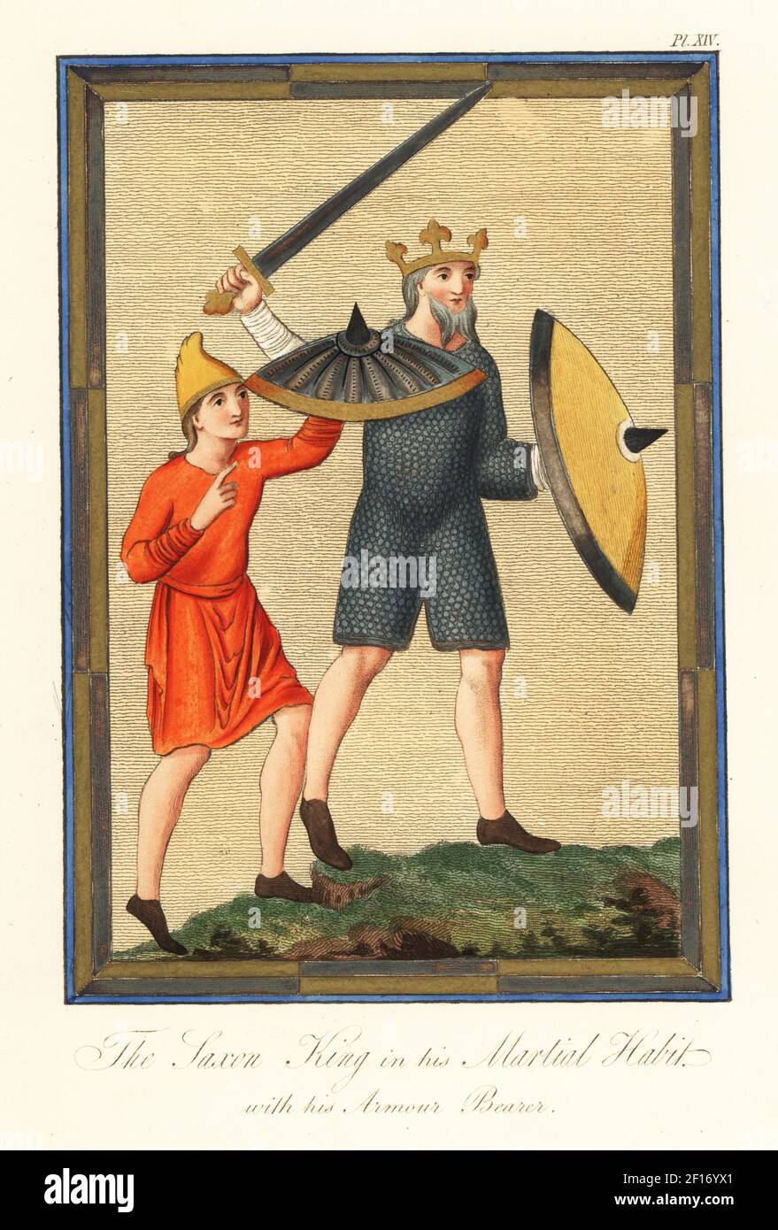 Sächsischer König in seiner kriegerischen Gewohnheit mit seinem Waffenträger. König in der Schlacht trägt eine Krone, knielange Kettenpost Tunika oder lorica, ein Anzug der Rüstung für Könige im 8th Jahrhundert vorbehalten. Er trägt einen gelben Schild und schwingt ein Schwert über seinen Kopf. Identifiziert als Pepin II, der Jüngere, König von Aquitanien, 823–c,864. Sein Equerry trägt eine gelbe Phrygian Kappe und scharlachrote Tunica und trägt einen Schild, der mit Gold umrandet ist. Aus Altenglischem Hexateuch, Baumwolle MS Claudius B iv., f,24v. Handkolorierter Stich von Joseph Strutt aus seiner kompletten Ansicht des Kleides und der Gewohnheiten des Volkes von England, Henry Bo Stockfoto