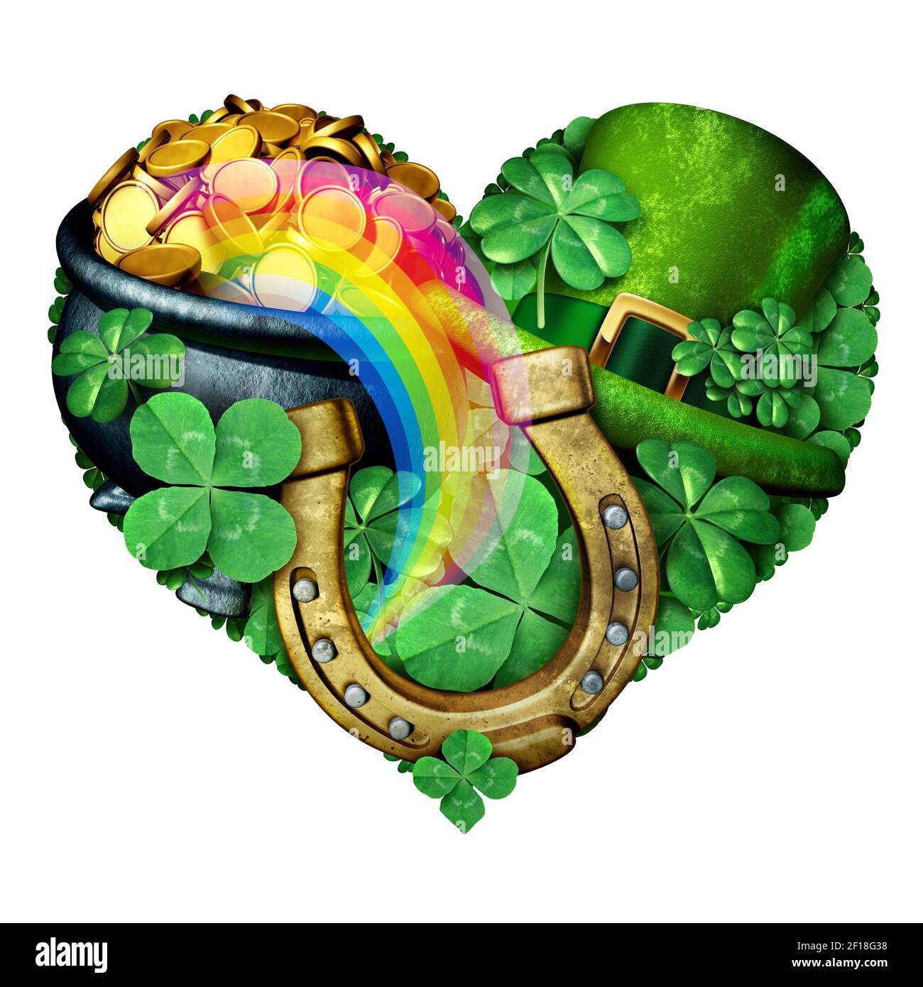 St. Patricks Day Liebe mit Glücksbringer wie grüner Kleeblatt und ein Pferdeschuh als Kleeblatt als Herz als St. Patrick Feier geformt. Stockfoto