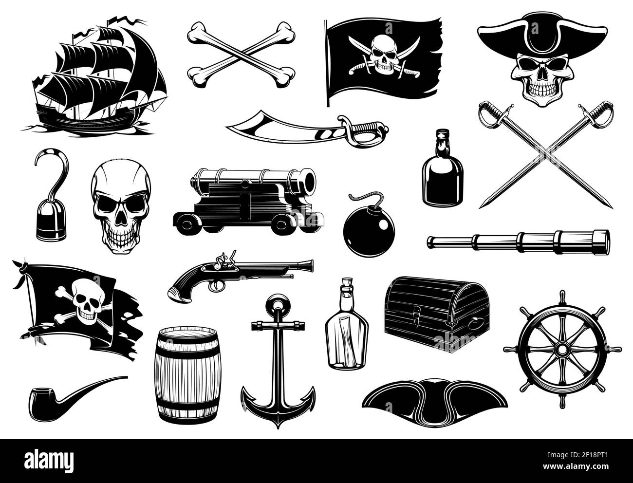 Pirate Symbole des Schädels, Schatzkarte und Schiff, Vektor. Karibik Insel Piratenschwert, Haken Hand und Kanone, Piraterie Kapitän Rum und Merry Roger fl Stock Vektor