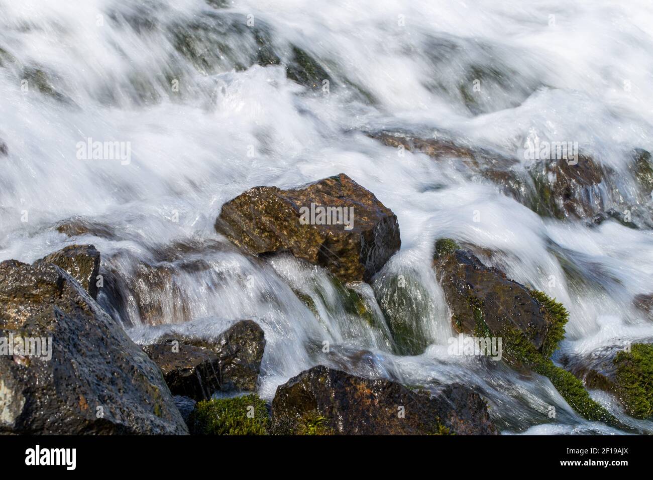 Wasser, Stein, Moos und Spray Stockfoto