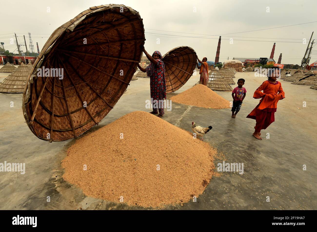 Brahmanbaria. März 2021, 7th. Arbeiter nehmen am 7. März 2021 in einem Hof der Reismühle in Brahmanbaria, 109 Kilometer nordöstlich der Hauptstadt Dhaka, Bangladesch, Kegel aus den Haufen von Reisfeldern zum Trocknen. Quelle: Xinhua/Alamy Live News Stockfoto