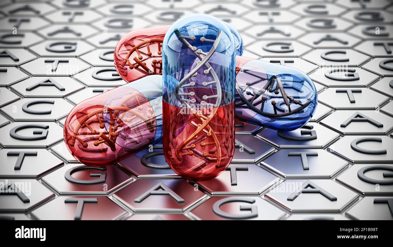 Kapsel mit DNA-Helix auf Adenin, Thymin, Cytosin und Guanin Hintergrund. 3D Abbildung. Stockfoto