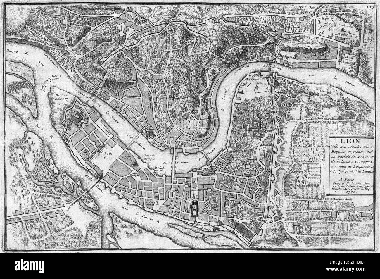 Lion , sehr beachtliche Stadt des Königreichs Frankreich , am Zusammenfluss der Rosne und der Saone gelegen [ 1 : 15.000 ungefähr ] - 1705 - Karten Stockfoto