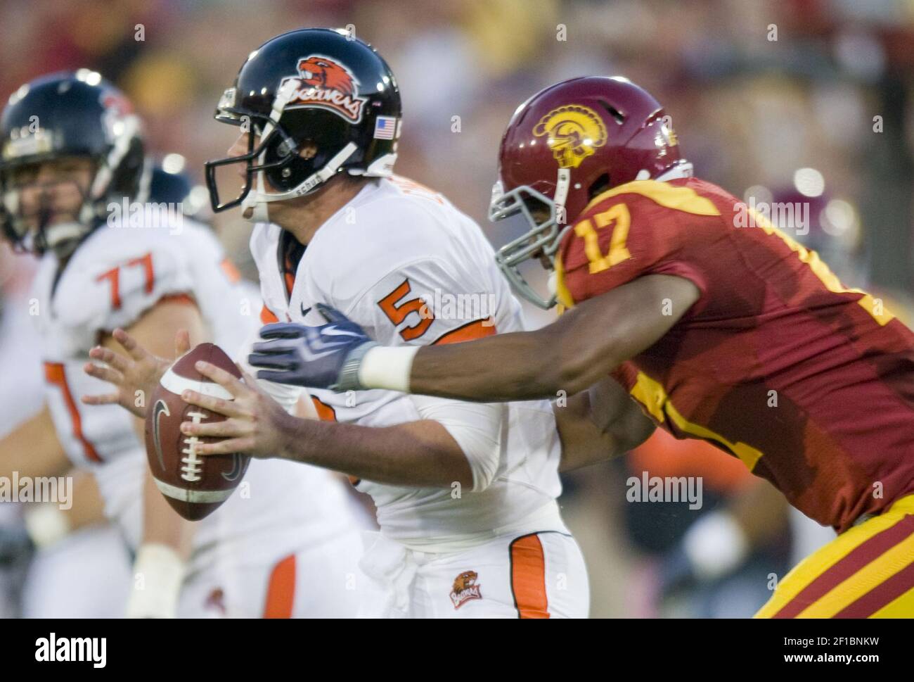 Südkalifornien Linebacker Michael Morgan Sacks Oregon State Quarterback Sean Canfield im zweiten Quartal, Samstag, 24. Oktober 2009, in Los Angeles, Kalifornien. (Foto von Paul Rodriguez/Orange County Register/MCT/Sipa USA) Stockfoto
