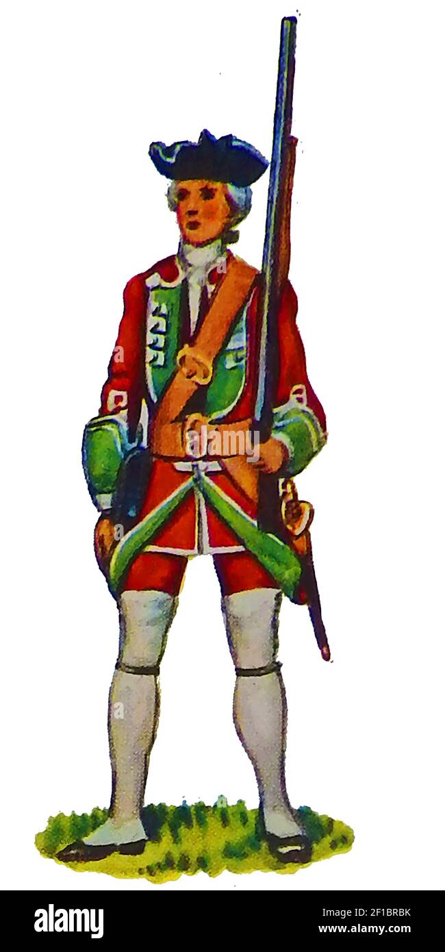 Eine alte Illustration, die die Uniform einer britischen Infanterie zeigt Soldat 1742 mit gekleideten Leggings und Schusswaffe Stockfoto