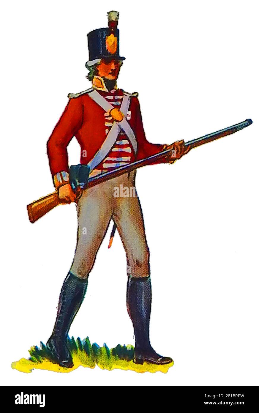 Eine alte Illustration, die die Uniform einer britischen Infanterie zeigt Soldat 1800 Stockfoto