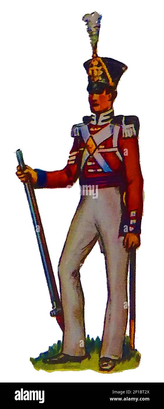 Eine alte Illustration, die die Uniform einer britischen Infanterie zeigt Soldat 1833 in der Ruhe stehen Stockfoto