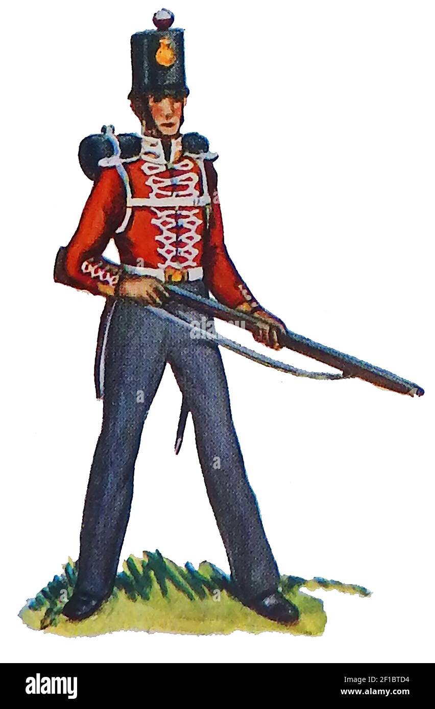 Eine alte Illustration, die die Uniform einer britischen Infanterie zeigt Soldat 1854 mit Pistole bereit Stockfoto