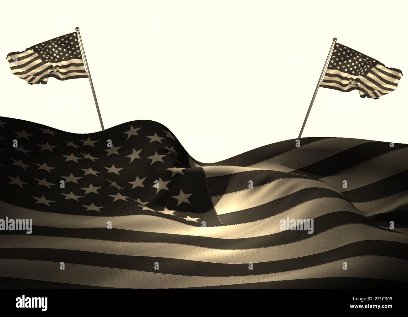 Zusammensetzung der amerikanischen Flagge mit zwei kleineren amerikanischen Flaggen wehen Entgegengesetzte Richtungen dahinter Stockfoto