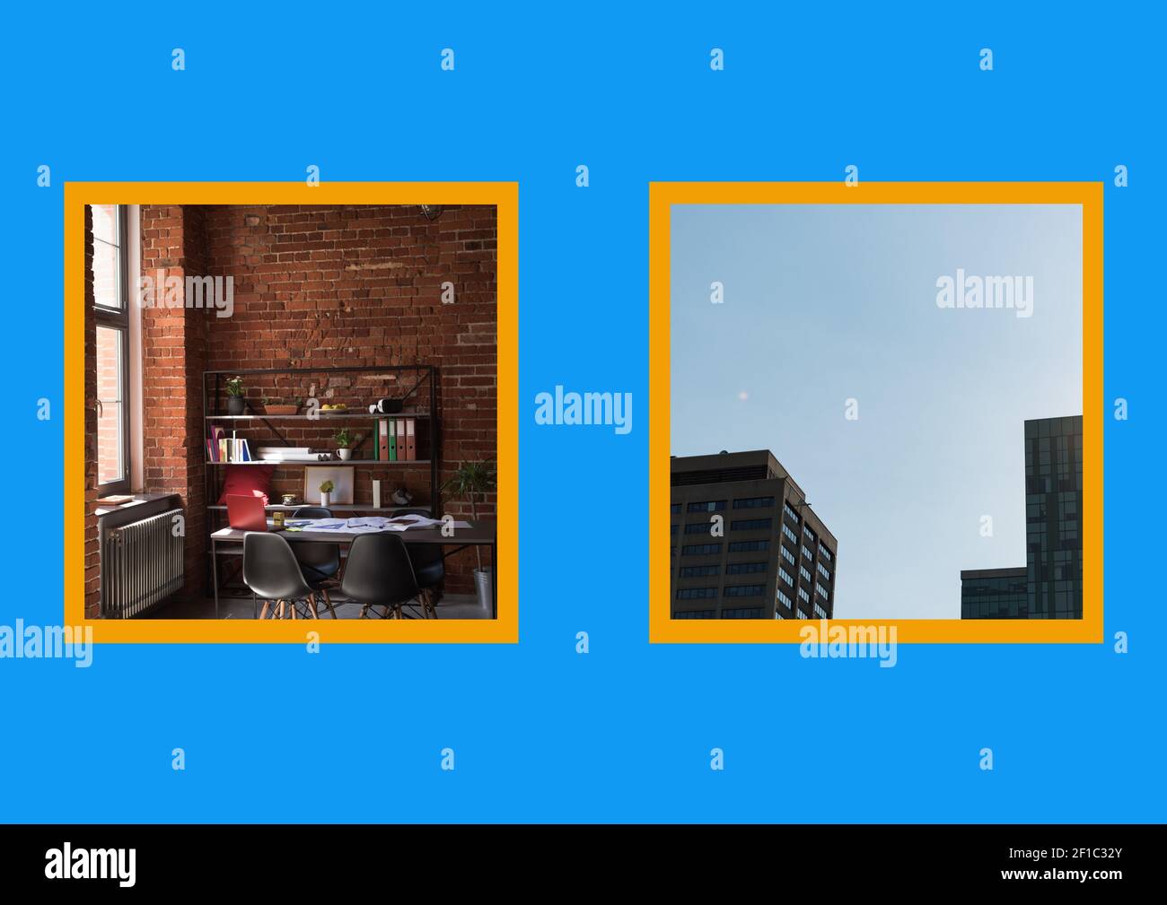 Komposition von zwei Fotos von Büroinnenräumen und Büroblöcken Mit gelbem Rand auf blauem Hintergrund Stockfoto