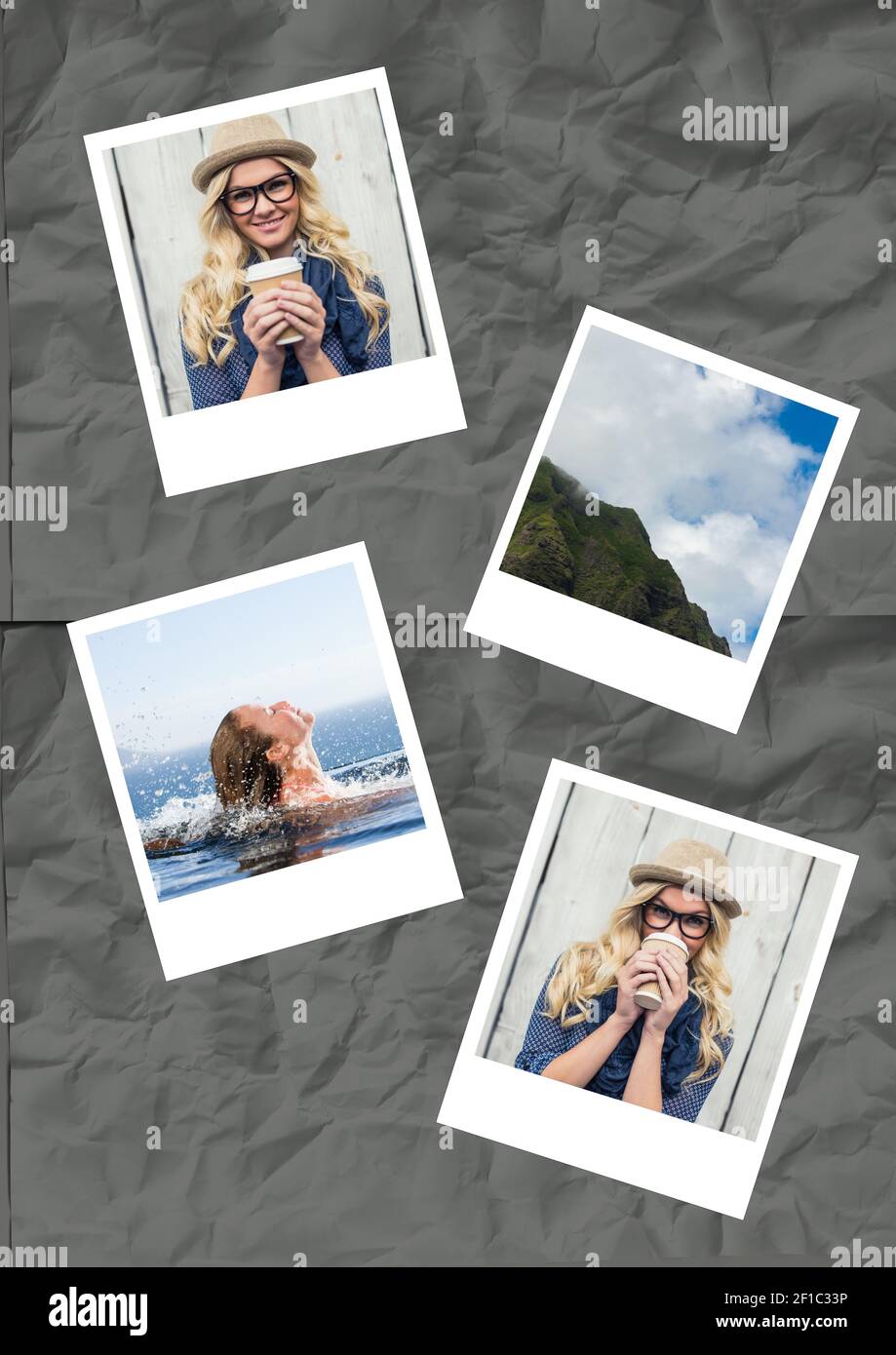 Komposition von vier Instant-Fotos von Bergspitze Frau in see und Kaffee trinken auf grauer Textur Stockfoto