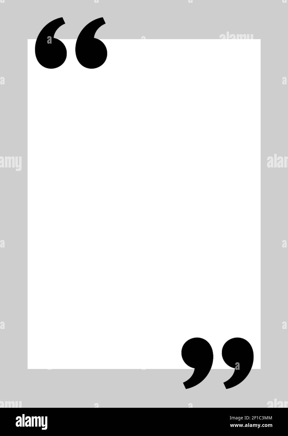 Schwarze Anführungszeichen mit Kopierbereich auf weißem Hintergrund mit Grauer Rahmen Stockfoto
