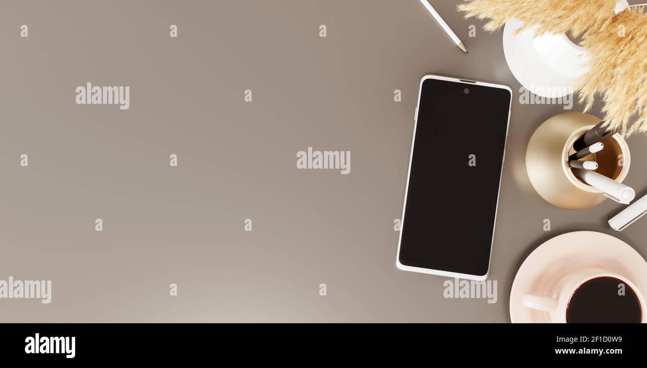 Draufsicht des Home Office-Schreibtisches mit Smartphone, Kaffee und Zubehör auf braunem Hintergrund 3D Rendering, 3D Abbildung Stockfoto