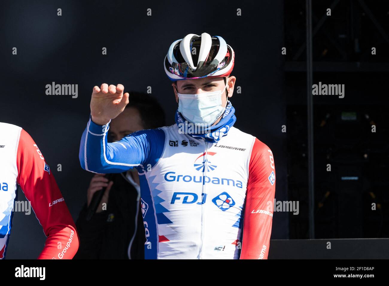 Der französische Radrennfahrer David Gaudu (Groupama FDJ) beim Signing Podium der ersten Etappe der Paris Nice 2021. Saint Cyr l'Ecole, Franc, 7th. März 2021. Foto von Daniel Derajinski/ABACAPRESS.COM Stockfoto